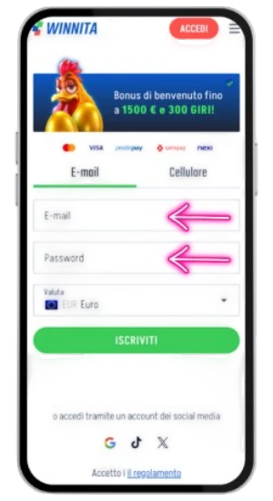 modulo di registrazione winnita con bonus benvenuto 1500 euro