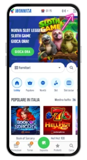 menu a tre linee per navigazione mobile su winnita